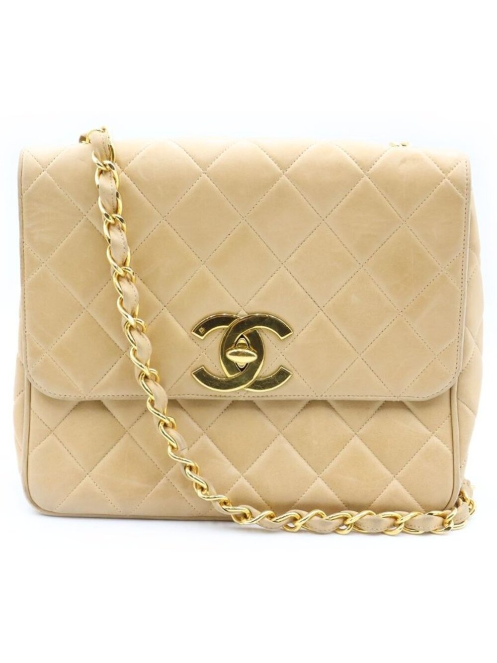Chanel Quilted Jumbo CC Logo Chain Shoulder Bag Beige Lambskin Gold